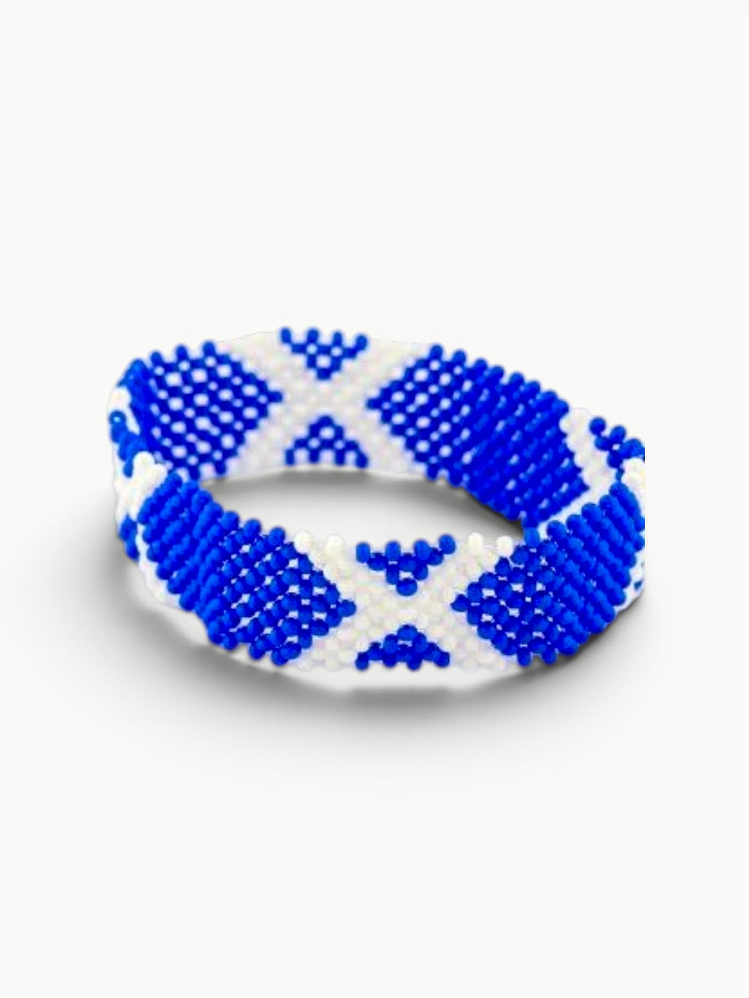 Blue and White Beaded Cross-Pattern Flexible Cuff Bracelet