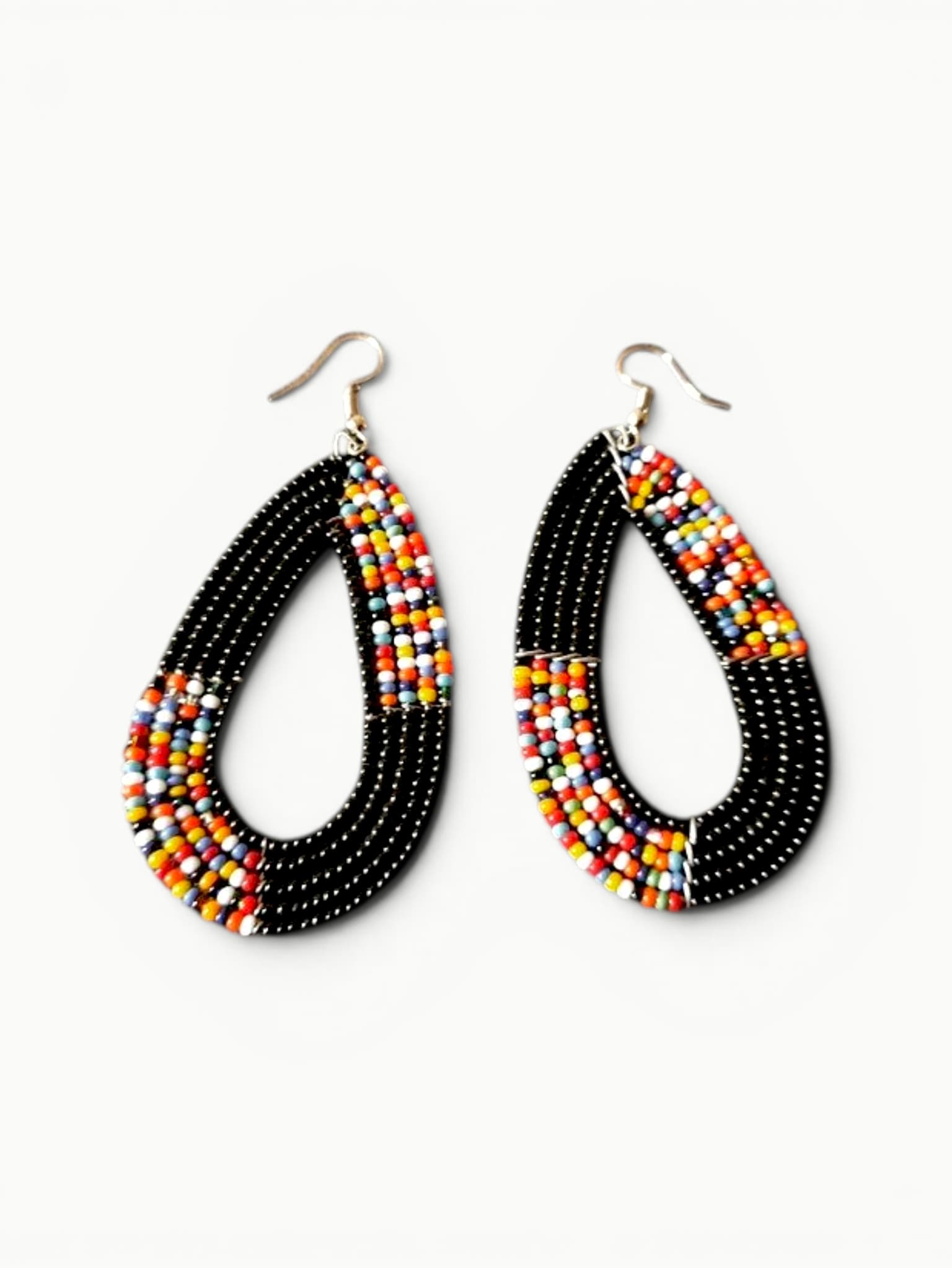Multi-Color Accent Black Open-Teardrop Beaded Earrings