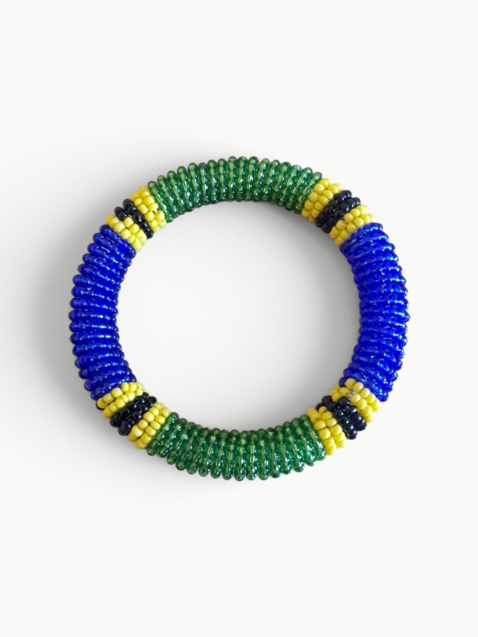 Green, Blue, and Yellow Beaded Coil Bracelet