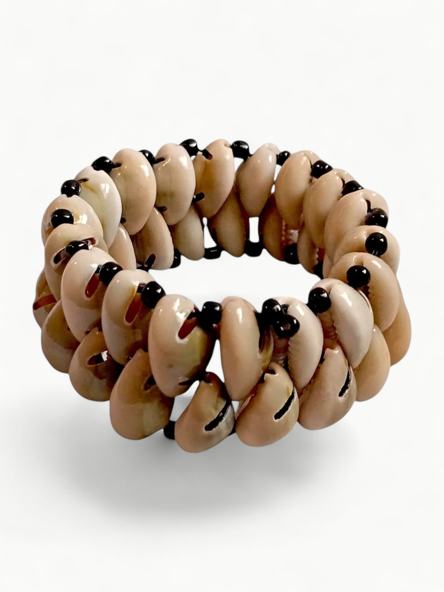 Natural Cowrie Shell and Black Bead Stretch Cuff Bracelet