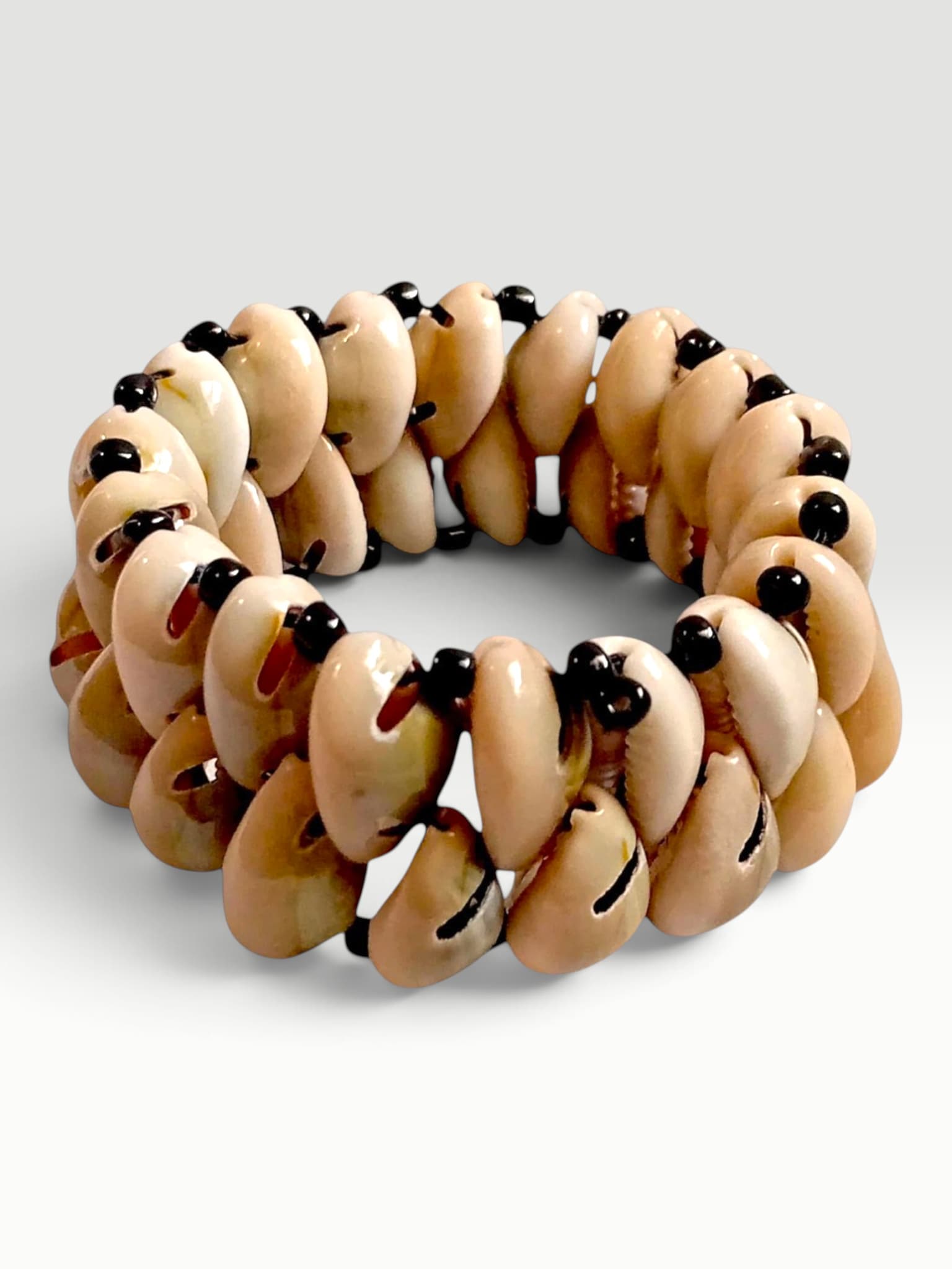 Natural Cowrie Shell and Black Bead Stretch Cuff Bracelet