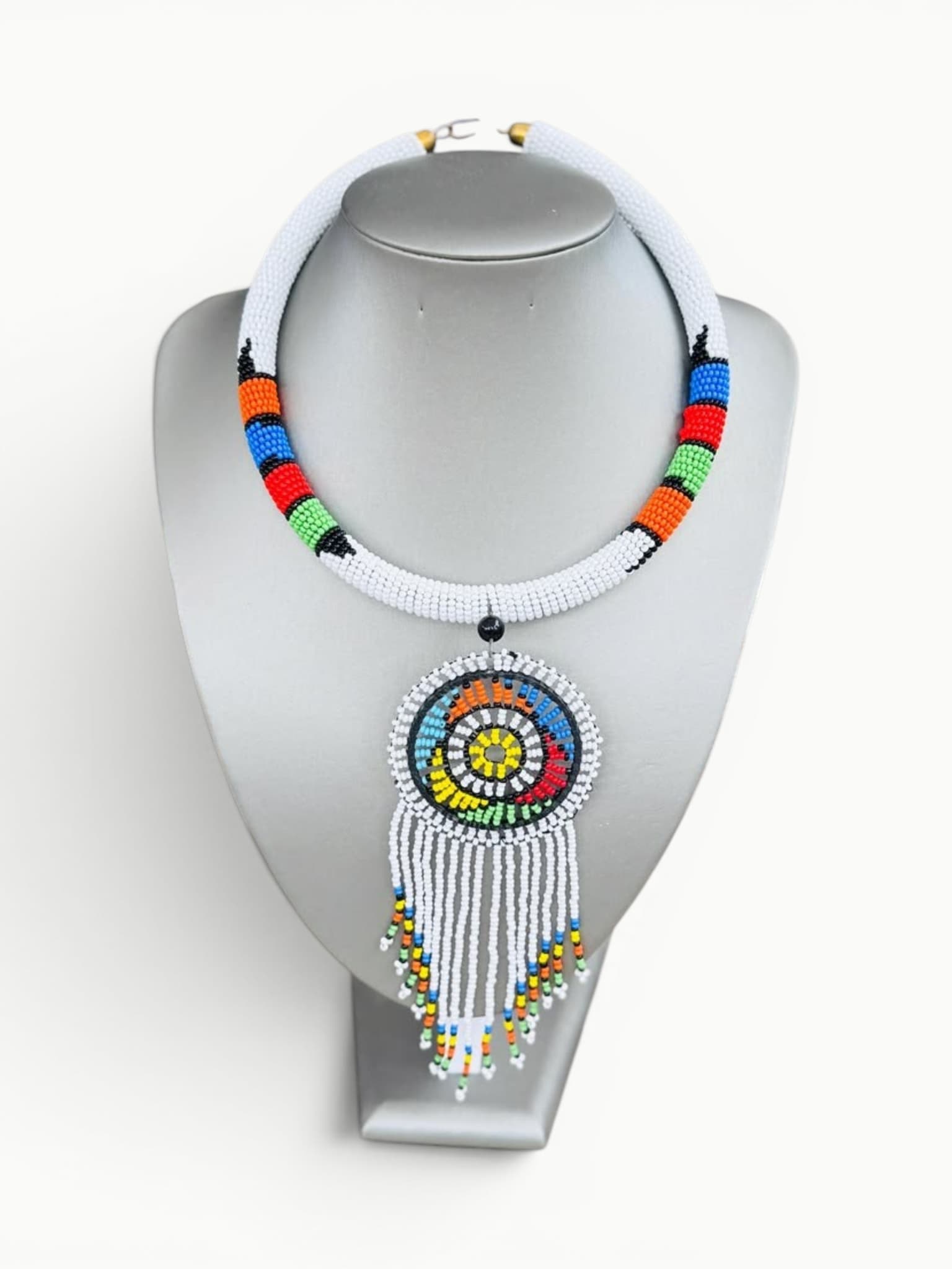 White Multi-Color Beaded Maasai Necklace