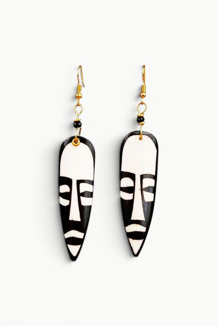 African Mask Hand-Carved Bone Earrings