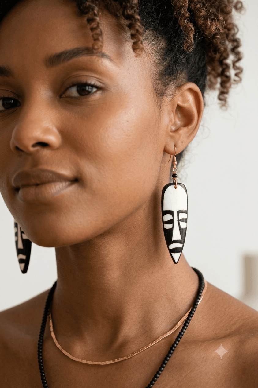 African Mask Hand-Carved Bone Earrings — alternate view
